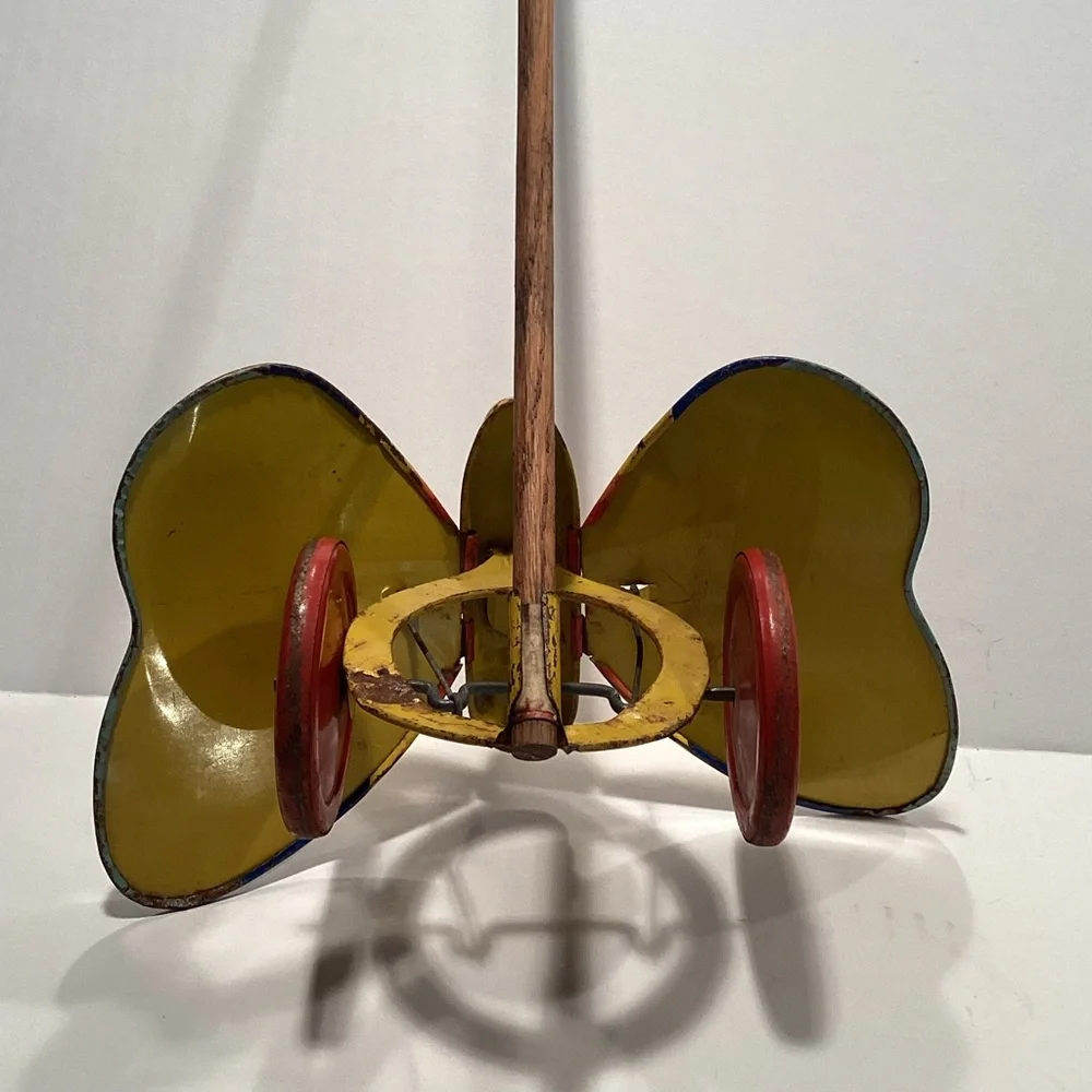 Vtg 1950’s J. Chein & Co. Tin Litho Butterfly Push Toy w Stick Flaps Wings- T24
